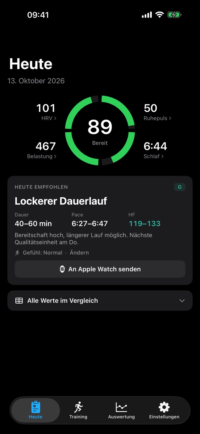 Heute-Ansicht mit Readiness-Ring, Score 89 und Empfehlung Lockerer Dauerlauf
