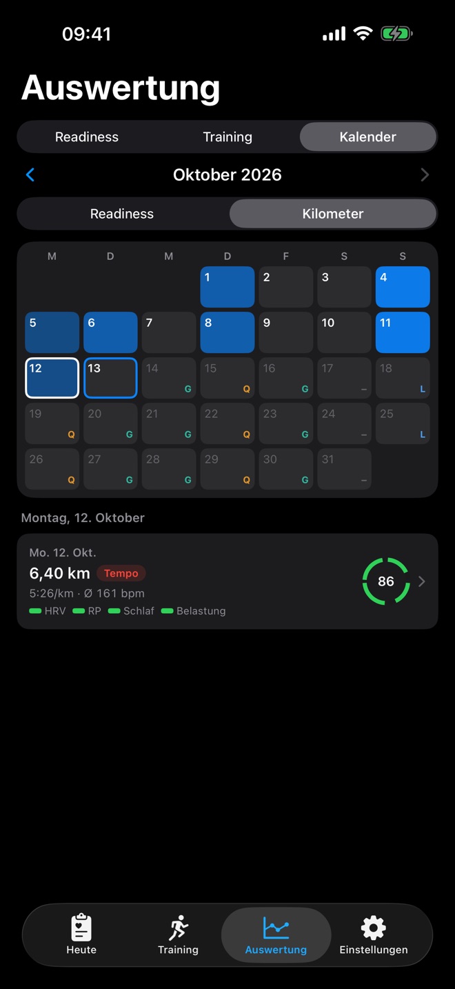 Kalender im Oktober mit Kilometern je Tag