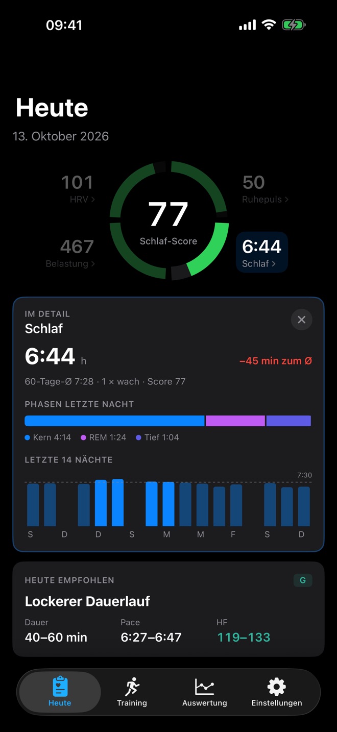 Fokus-Ansicht Schlaf mit 6:44 h, Schlafphasen Kern, REM und Tief und den letzten 14 Nächten