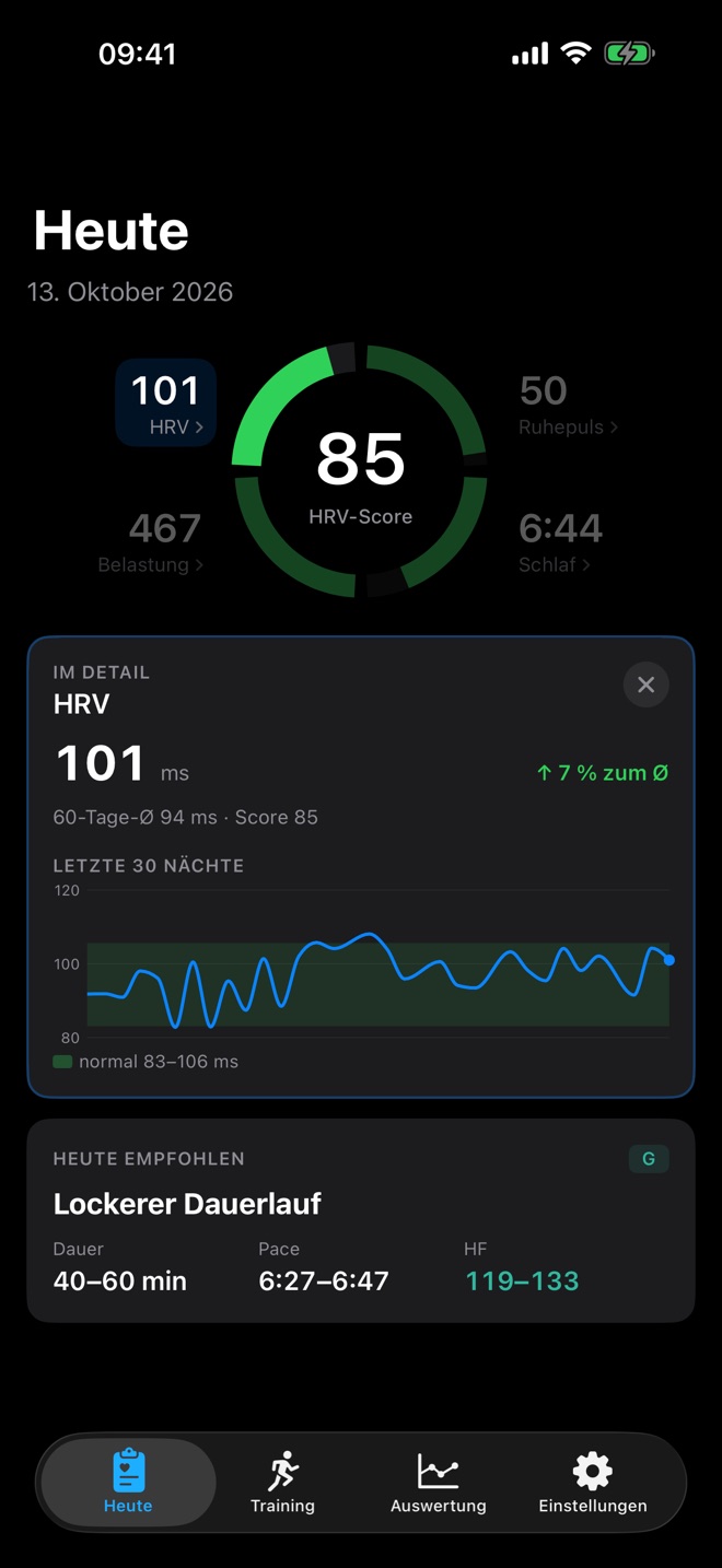 Fokus-Ansicht HRV mit 101 ms, 60-Tage-Schnitt und den letzten 30 Nächten im Normalbereich