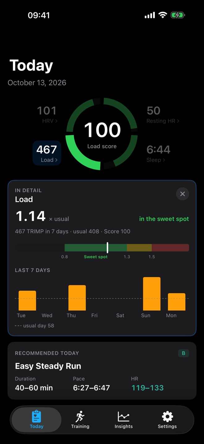 Load detail view with 1.14 &times; usual in the sweet spot and the daily values of the last 7 days