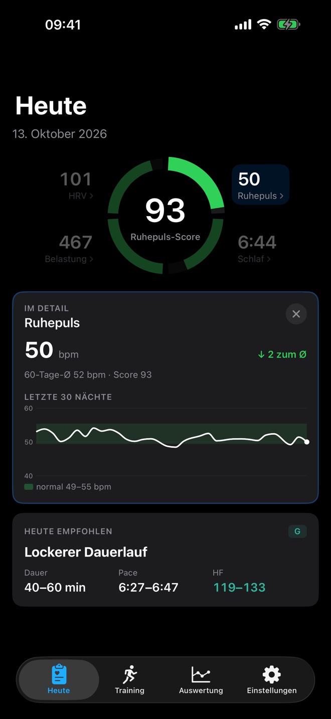 Fokus-Ansicht Ruhepuls mit 50 bpm und den letzten 30 Nächten
