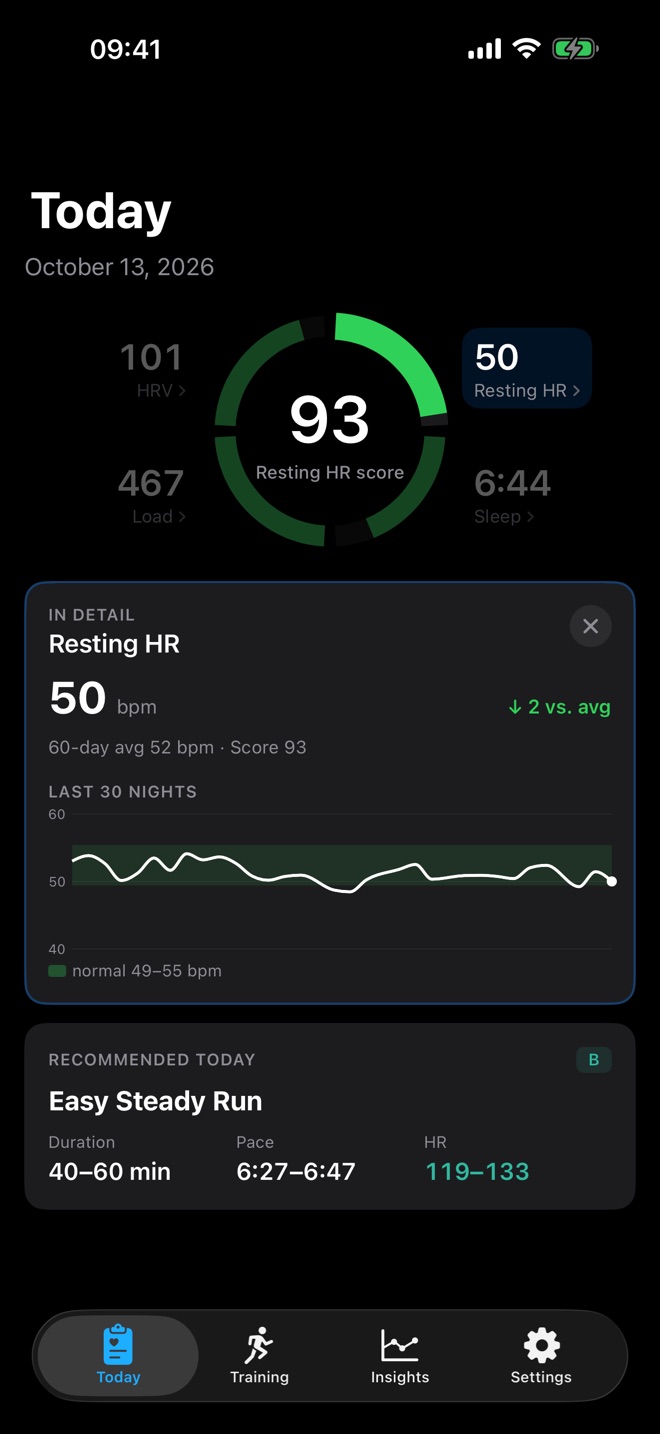 Resting HR detail view with 50 bpm and the last 30 nights
