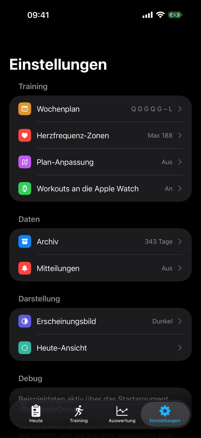 Einstellungen mit den Gruppen Training, Daten und Darstellung