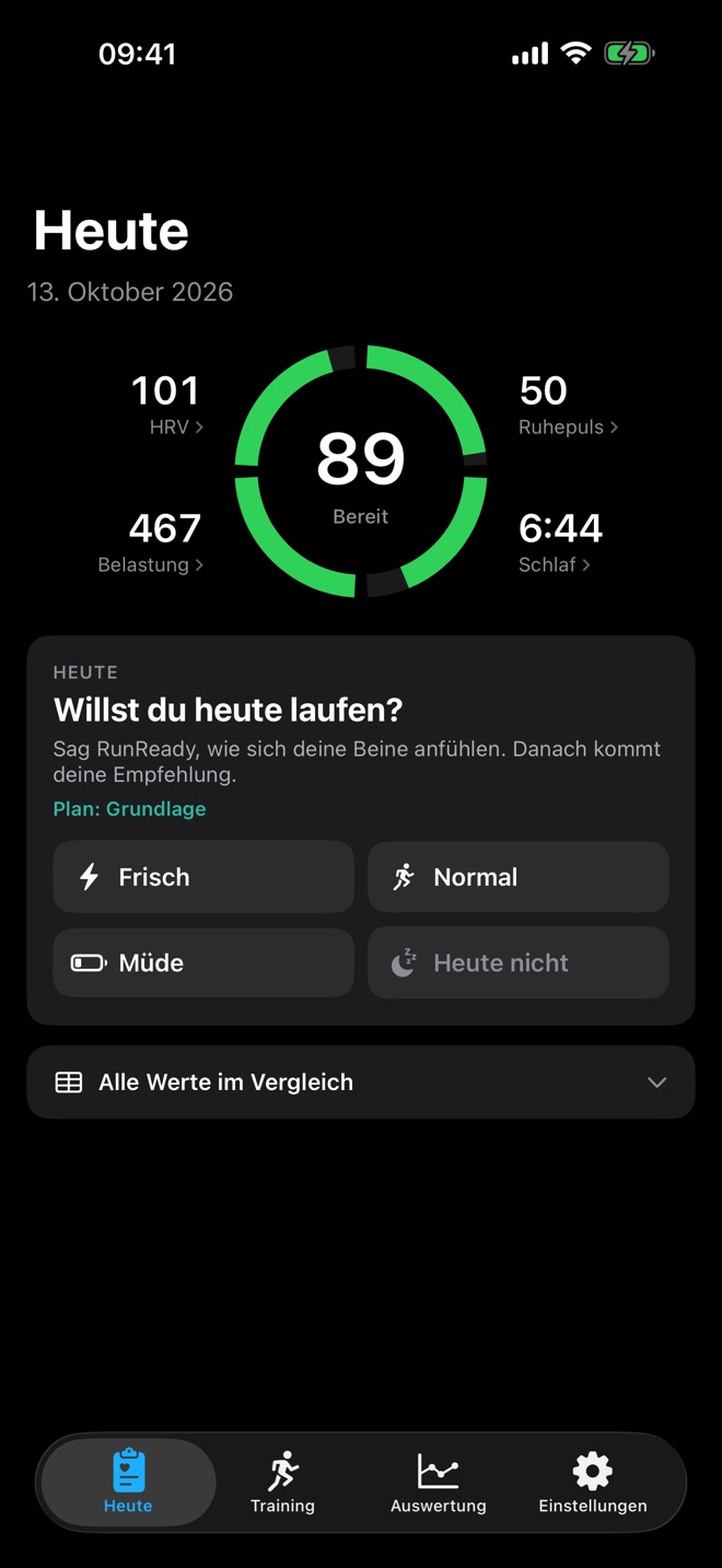 Morgenfrage „Willst du heute laufen?“ mit den Antworten Frisch, Normal, Müde und Heute nicht