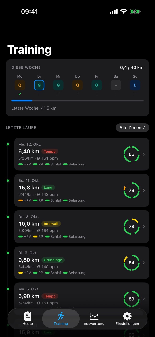 Training-Tab mit dieser Woche: Tagestypen Q, G, L und Ruhe, 6,4 von 40 km