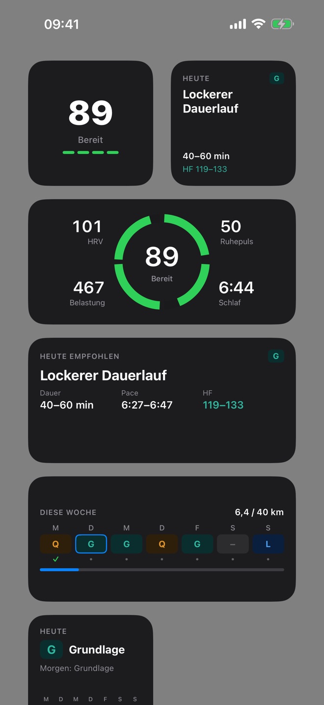 Widgets klein und mittel: Readiness 89, Empfehlung Lockerer Dauerlauf, Wochenplan 6,4 von 40 km