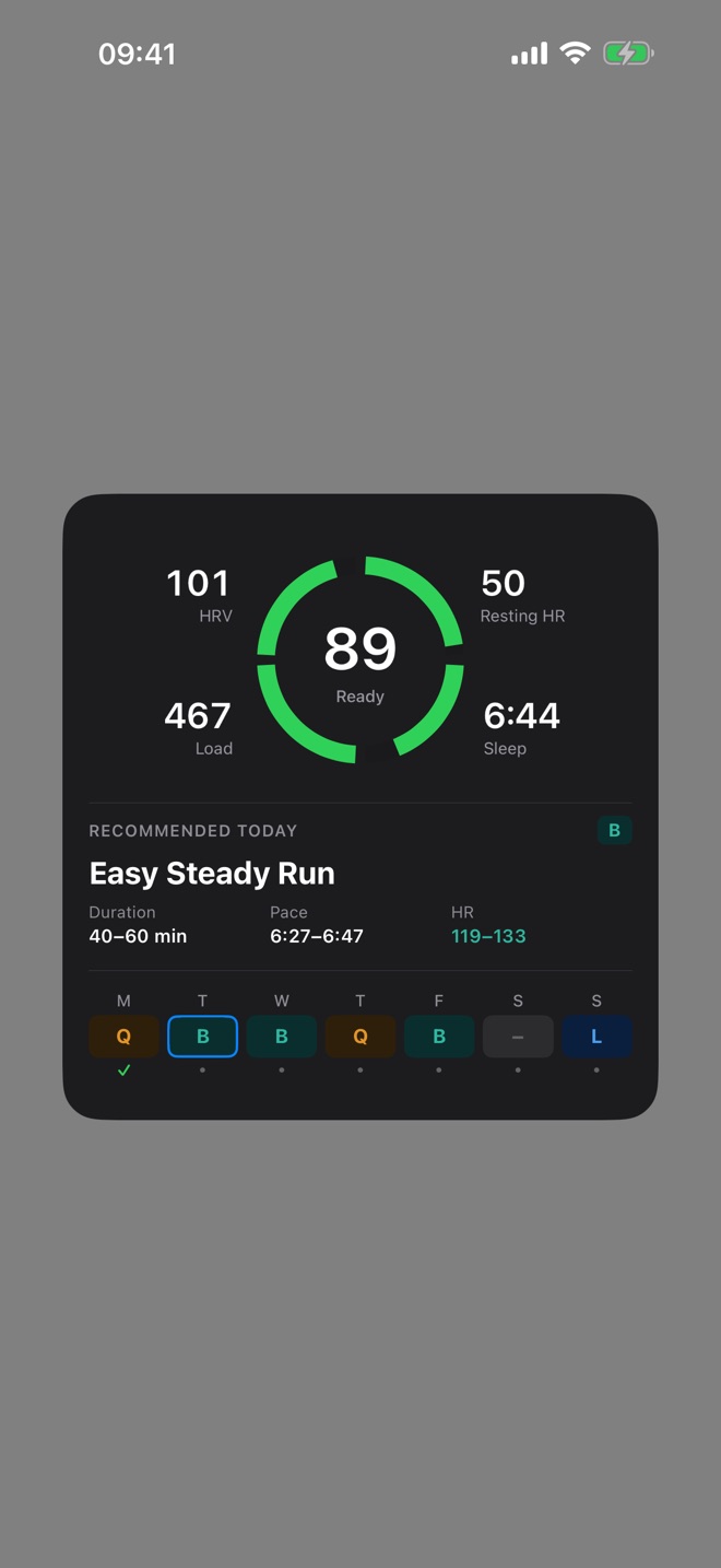 Large overview widget with ring, recommendation and weekly plan