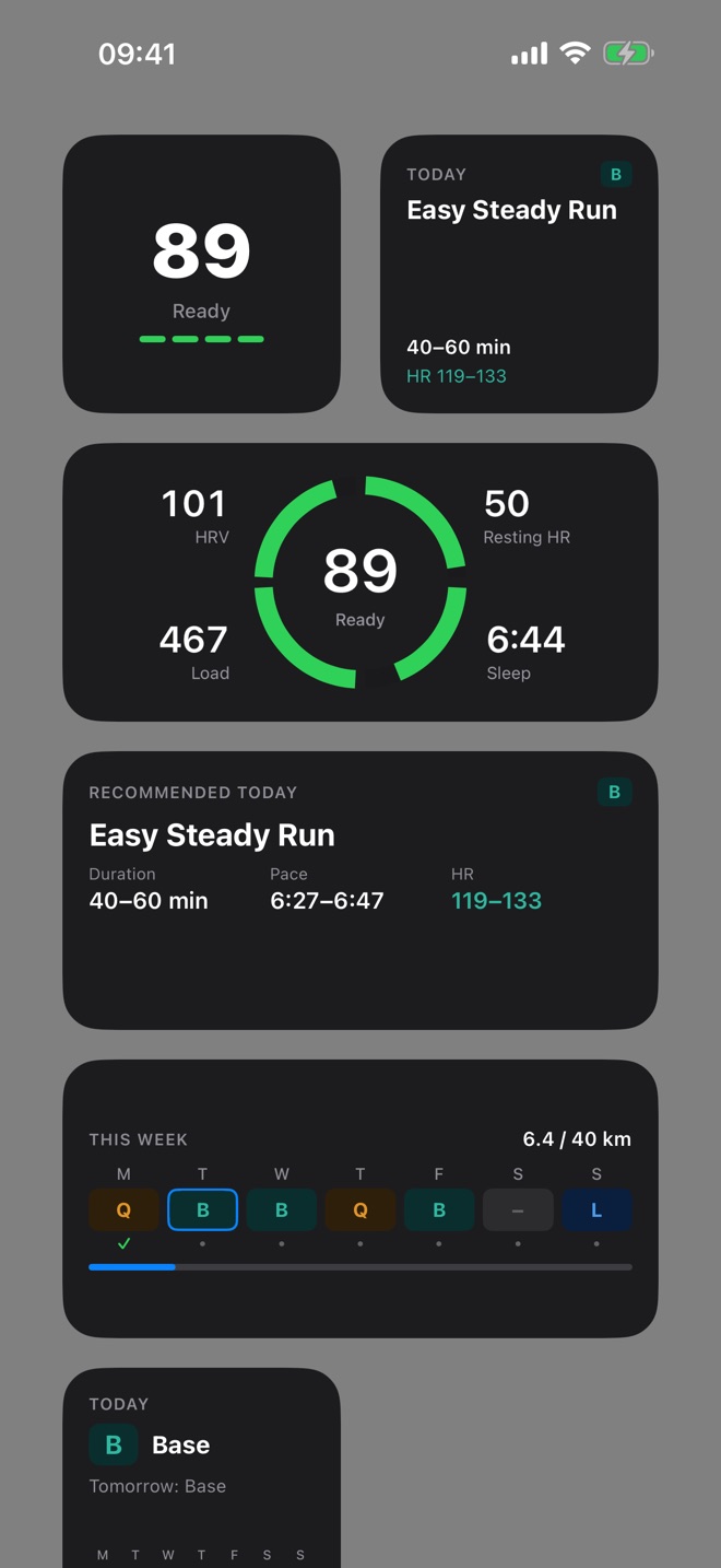 Small and medium widgets: readiness 89, recommendation Easy Steady Run, weekly plan 6.4 of 40 km